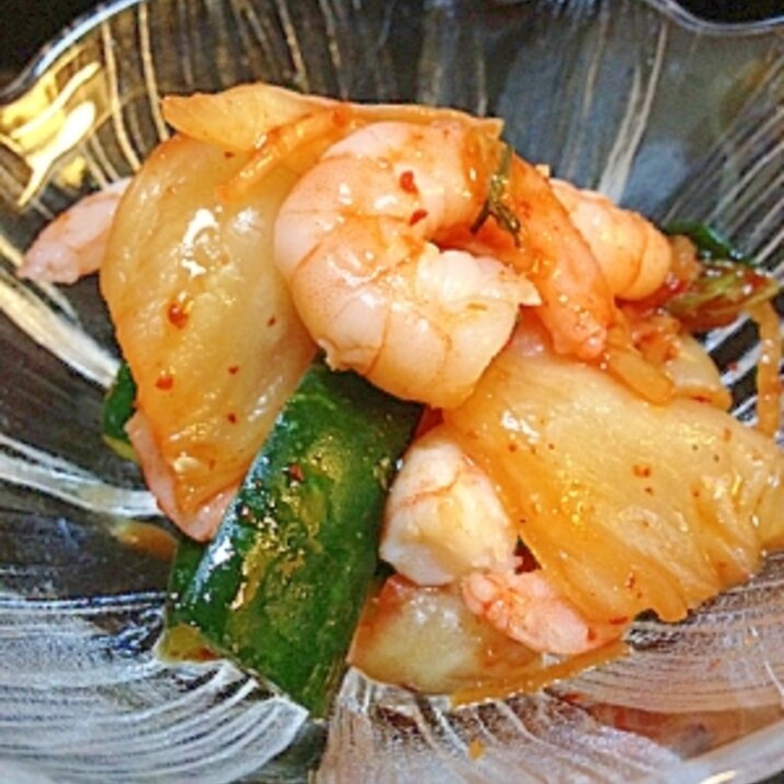 ボイルエビと胡瓜のキムチ和え ごま油風味 レシピ 作り方 By ゴールデンアルジータ 楽天レシピ